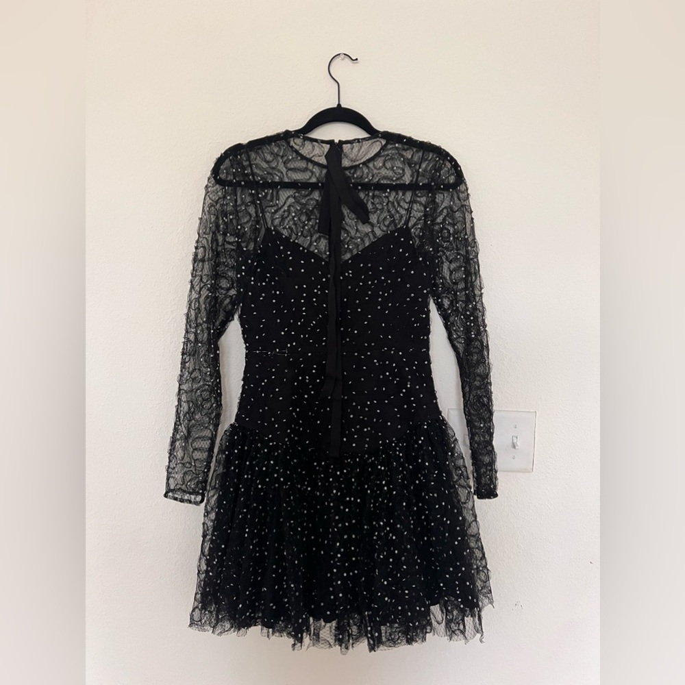 Lela Rose Black V-Neck Flocked Polka-Dot Tulle Flounce Hem Dress